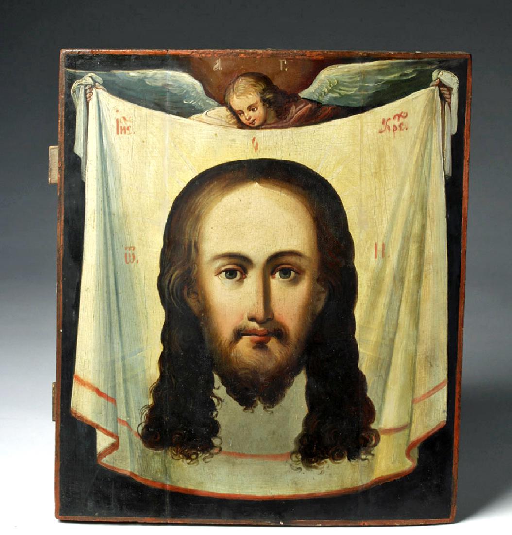 18th C. Greek Orthodox Wood Icon, Mandylion Christ (1 of 8)