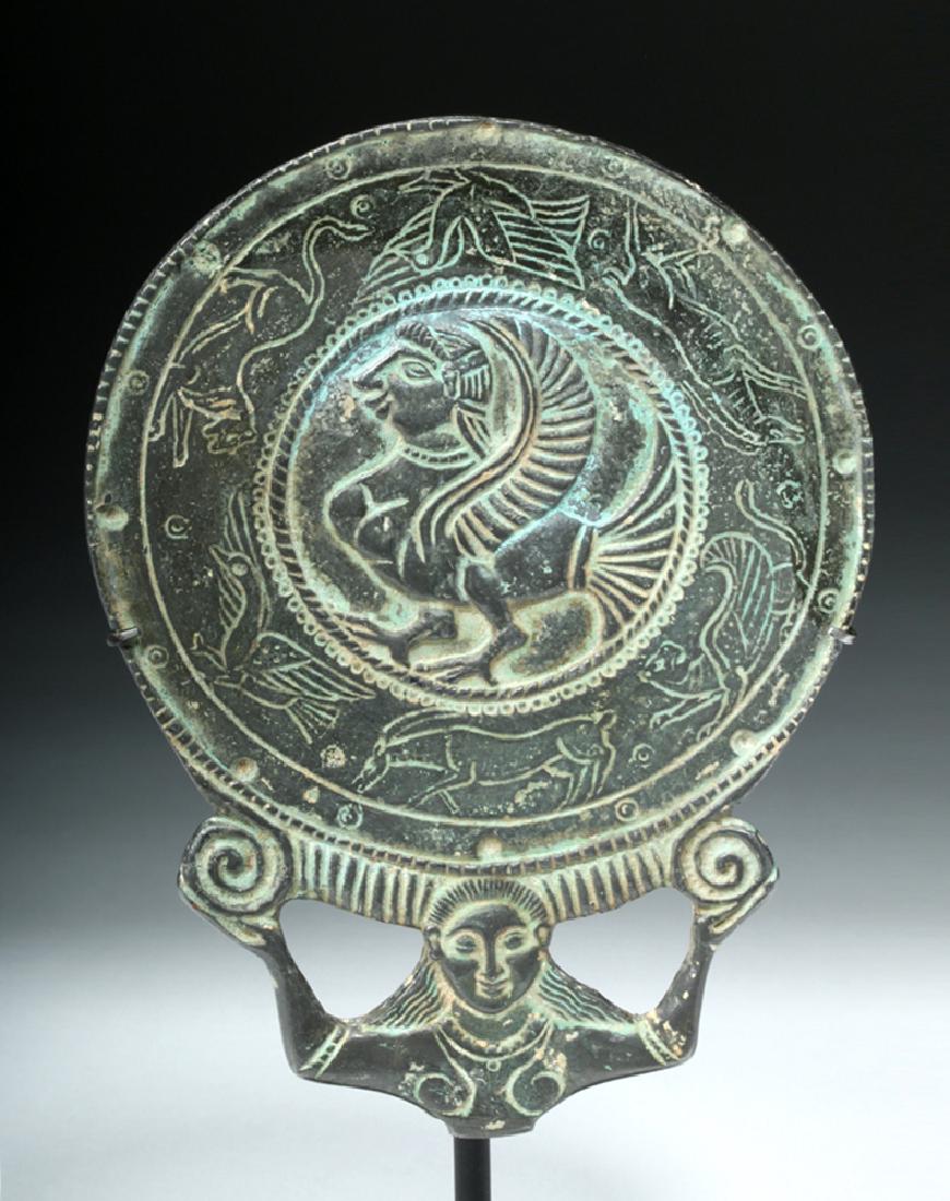 Important Etruscan Bronze Mirror w/ Siren, Animals (1 of 5)