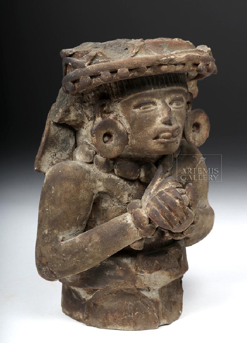 Teotihuacan Pottery Figural Incensario w/ TL: Pre-Columbian, Valley of Mexico, Teotihuacan, ca. 100 to 900 CE. A detailed, expressive lid for an incensario in the form of a human figure with elaborate headgear. The figure has huge round earrings,