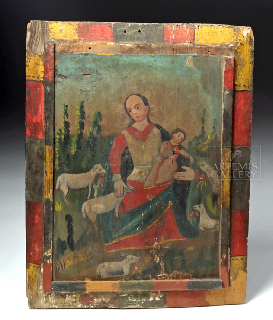 Mexican 19th C Painted Wood Retablo - Divina Pastora (1 of 5)