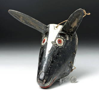 Early 20th C. Guatemalan Wooden Festival Mask - Donkey: Latin America, Central America, Guatemala, ca. early 20th century CE. A hand-carved and finely-detailed Guatemalan festival mask representing a donkey. The elongated snout displays a petite nose and r