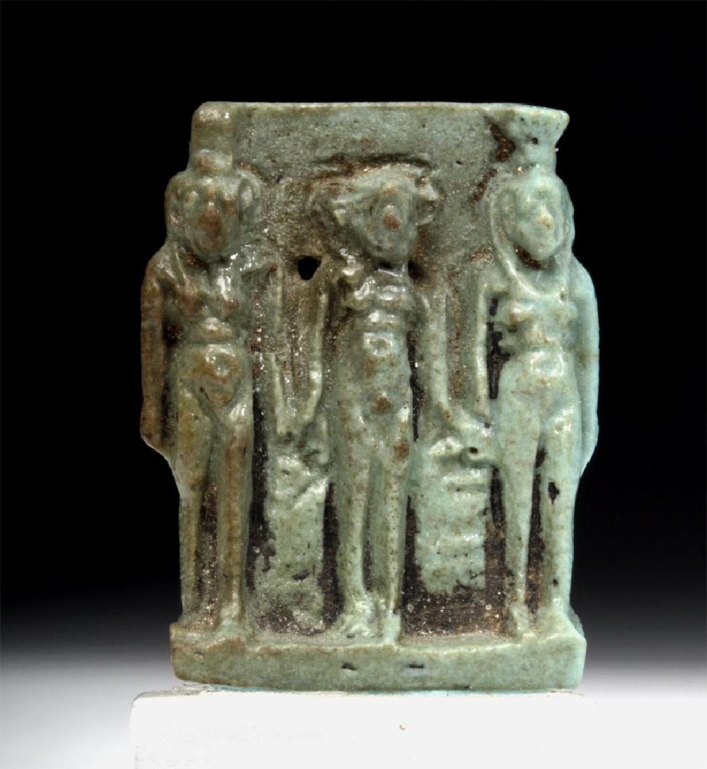 Egyptian Faience Amulet - Triad of Alexandria: **Originally Listed At $350** Egypt, Alexandria, Ptolemaic to Roman periods, ca. 332 to 30 BCE. A detailed, mold-made faience amulet in the form of the Triad of Alexandria. During the Ptolemaic period