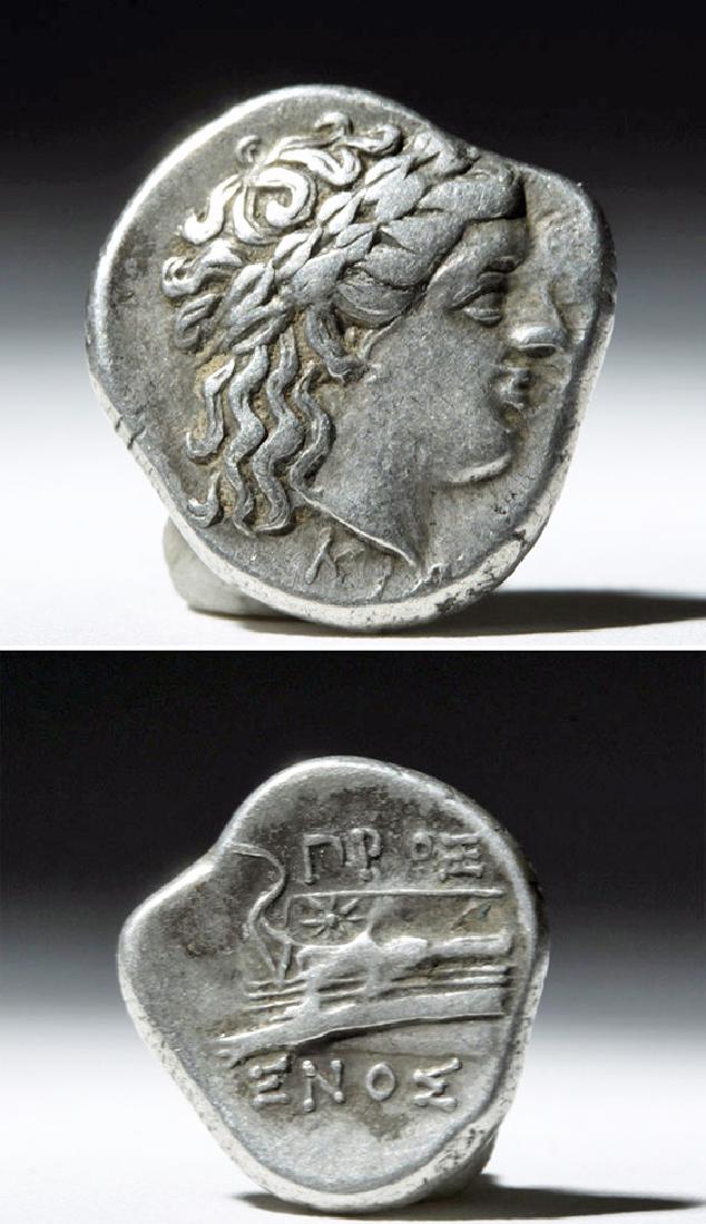 Greek Bithynia Kios AR Silver Hemistater Coin - 325 BCE: **Originally Listed At $325** Greece, Bithynia, Kios, ca. 350 to 300 BCE. AR hemistater (2.41 g) Obv: Laureate head of Apollo to right. Rev: Prow of galley on waves to right. Ex. PCAG Long Beach Aucti