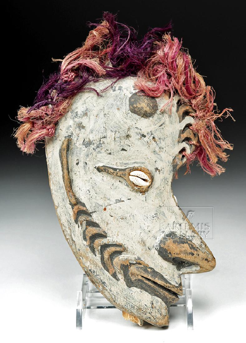 20th C. Papua New Guinea Wood Ancestor Mask: **First Time At Auction** Papua New Guinea, Sepik River region, ca. 20th century CE. A carved and finely-detailed wooden mask of an ancestor. The face itself has a prominent nose, thin mouth, carved f