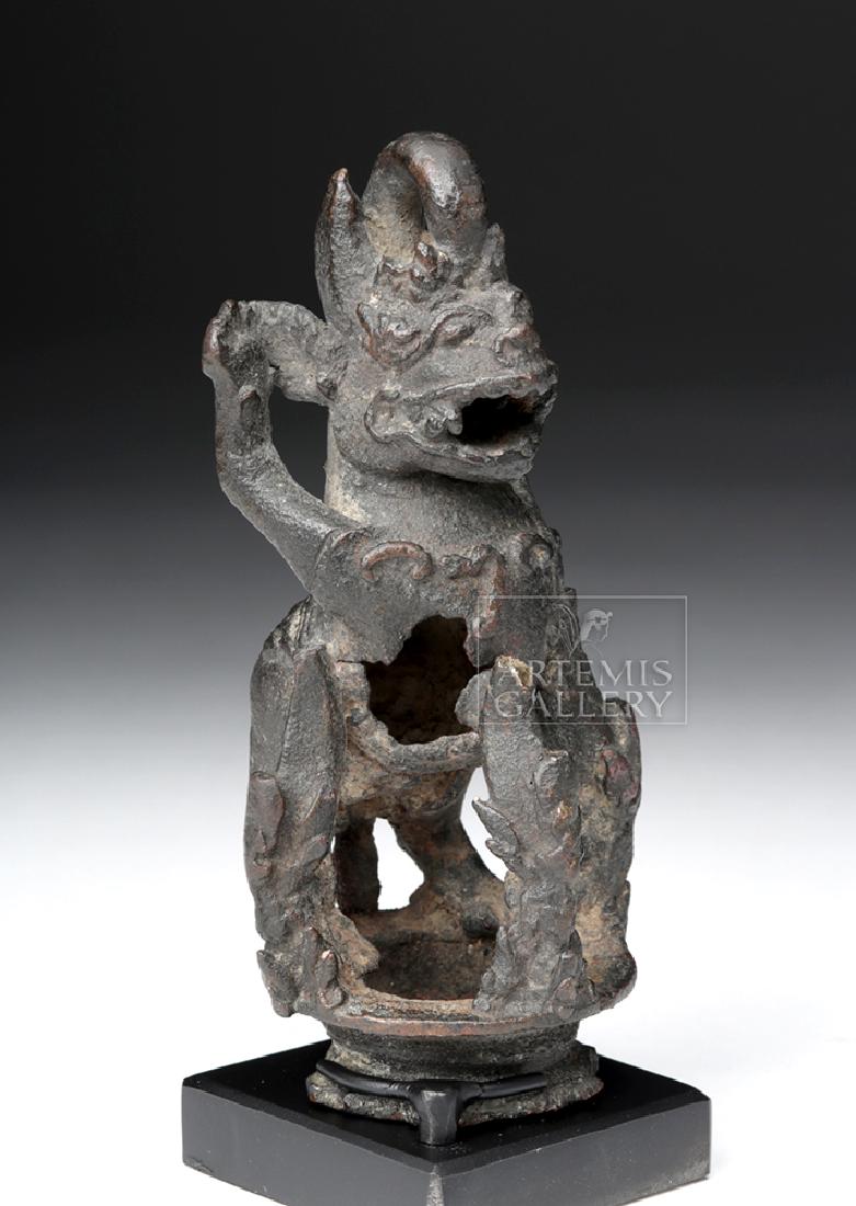14th C. Majapahit Bronze Bell Section - Yamantaka: Southeast Asia, Indonesia, Java, Majapahit Empire, ca. 14th to 15th century CE. A cast bronze figural handle and upper framework of a bell, depicting Yamantaka (sometimes Yamataka), the Lord of Death 