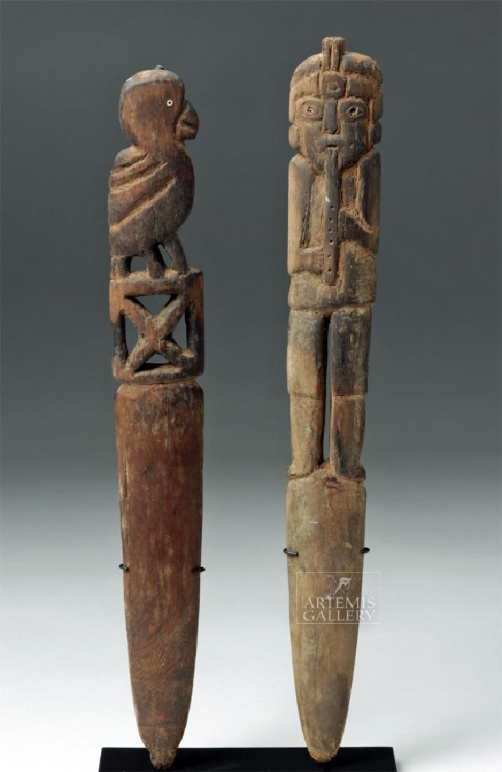 Pair of Chancay Wooden Loom Sticks  - Bird & Flutist (1 of 6)