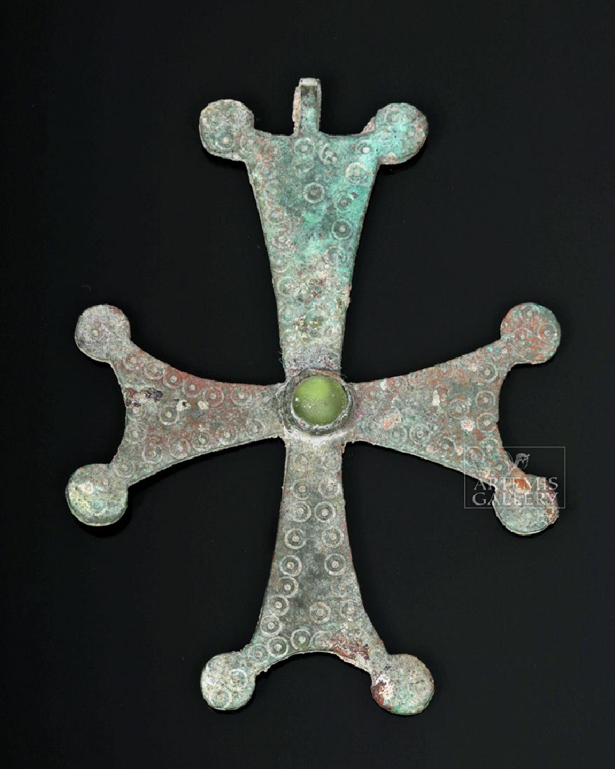 10th C. Byzantine Bronze Cross w/ Glass Bead (1 of 4)