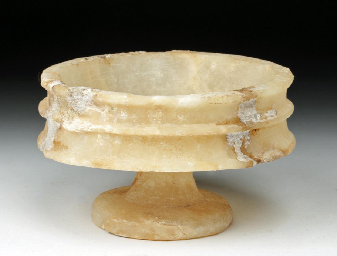 Bactrian Alabaster Pedestal Goblet: **Originally Listed At $300** Central Asia, Bactria (Bactria Margiana / BMAC), ca. late 2nd to early 1st millennium BCE. A gorgeous alabaster goblet, standing on a low leg that broadens into a round f