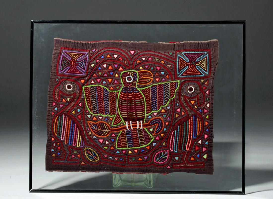 Framed Panamanian Textile Mola - Birds in Rainforest: **Originally Listed At $150** Central America, Panama, San Blas Islands, Kuna/Cuna, ca. 1950 CE. A lovely example of this folk art form depicting three tropical birds set amidst stylized rainforest fo