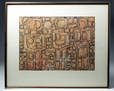 Abstract Work by Estuardo Maldonado, 1965: Estuardo Maldonado (Ecuadoran, b. 1930), untitled, 1965. Signed and dated by the artist on the lower left, an engrossing abstract composition depicting three standing figures, the leftmost possessing