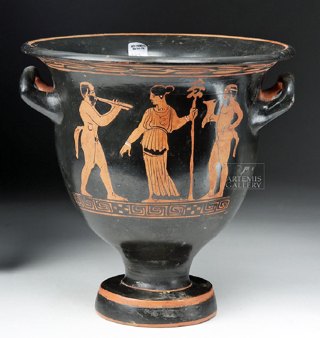 Greek Campania Bell Krater - Beautifully Painted: Magna Graecia, Campanian, ca. 350 BCE. A wonderful red-figure bell krater - a vessel used for blending wine and water - of a characteristically bell-shaped body, upturned twin loop handles, and flared