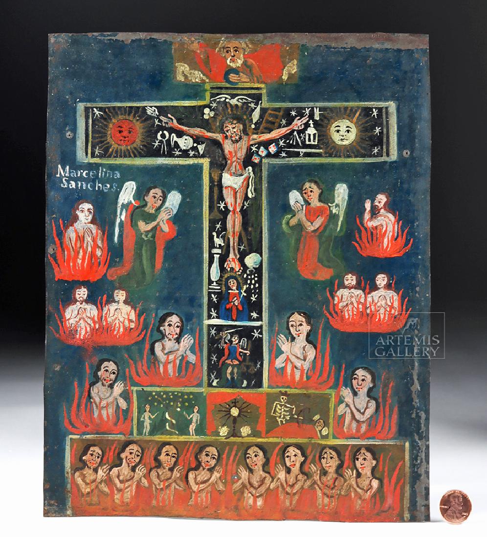 19th C. Mexican Painted Tin Retablo, La Cruz de Animas (1 of 4)