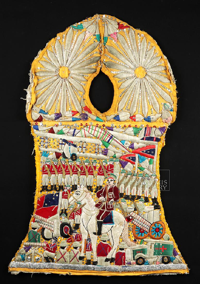 20th C. Peruvian Embroidered Carnival Apron w/ Airplane: South America, Peru, ca. 1920 to 1930 CE. An interesting carnival apron featuring a myriad of embroidered figures and details in a painter's palette of color. Sewn atop a burlap panel, this vestment f