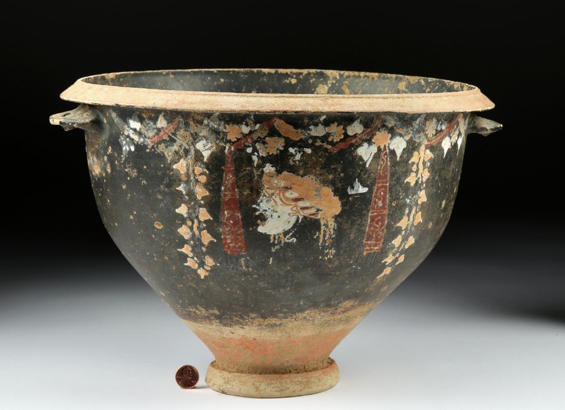 Large Gnathian Terracotta Krater - Ex-Queen Margot: Classical World, Magna Graecia, southern Italy, Apulia, Gnathian, ca. 360 to 325 BCE. A huge pottery krater (wine-mixing vessel) with a small footed base, gradually expanding walls, a deep interior ca