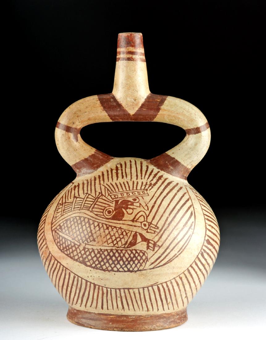 Moche Fineline Stirrup Vessel - Reed Boat Motif (1 of 5)