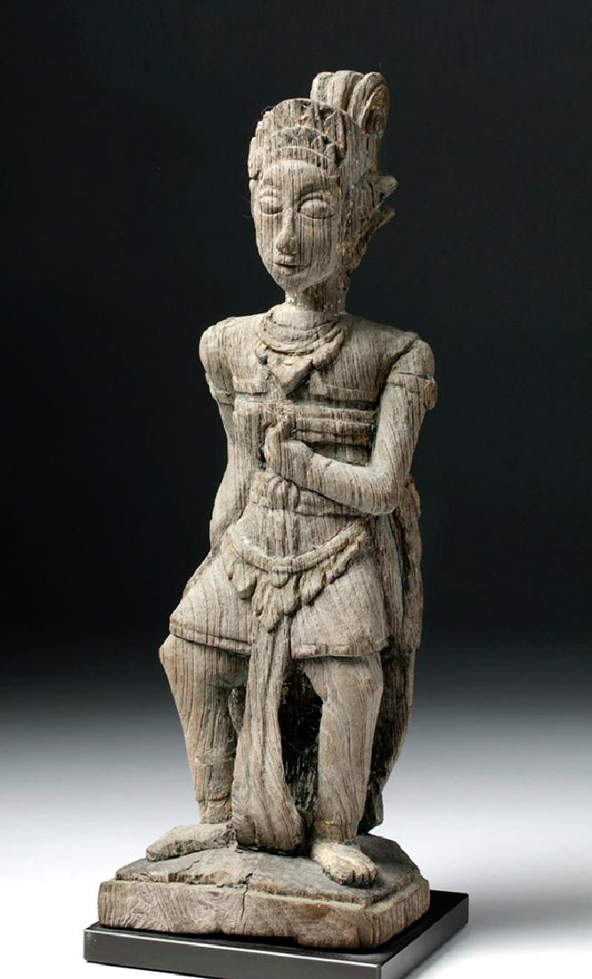 19th C. Indonesian Wood Figure of Standing God: **Originally Listed At $300** Southeast Asia, Indonesia, ca. 19th century CE. A delightful wooden sculpture of an androgynous figure. The figure has elaborate clothing that the artist has taken pains 