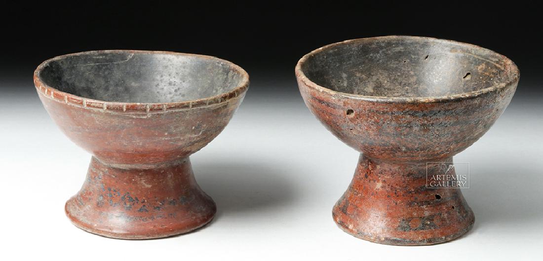 Pair of Carchi-Narino Pottery Stemmed Bowls: **Originally Listed At $150** Pre-Columbian, Ecuador/Colombia, Carchi-Narino, Capuli Complex, ca. 850 to 1200 CE. A lovely duo of hand-built terracotta bowls, each with a stemmed base, a shallow dish,