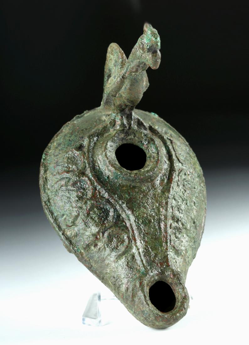 Roman Bronze Oil Lamp w/ Rooster Handle (1 of 6)