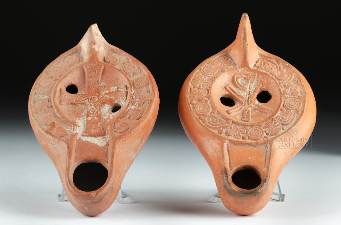 Lot of 2 Roman Redware Oil Lamps - Christian Motifs (1 of 5)