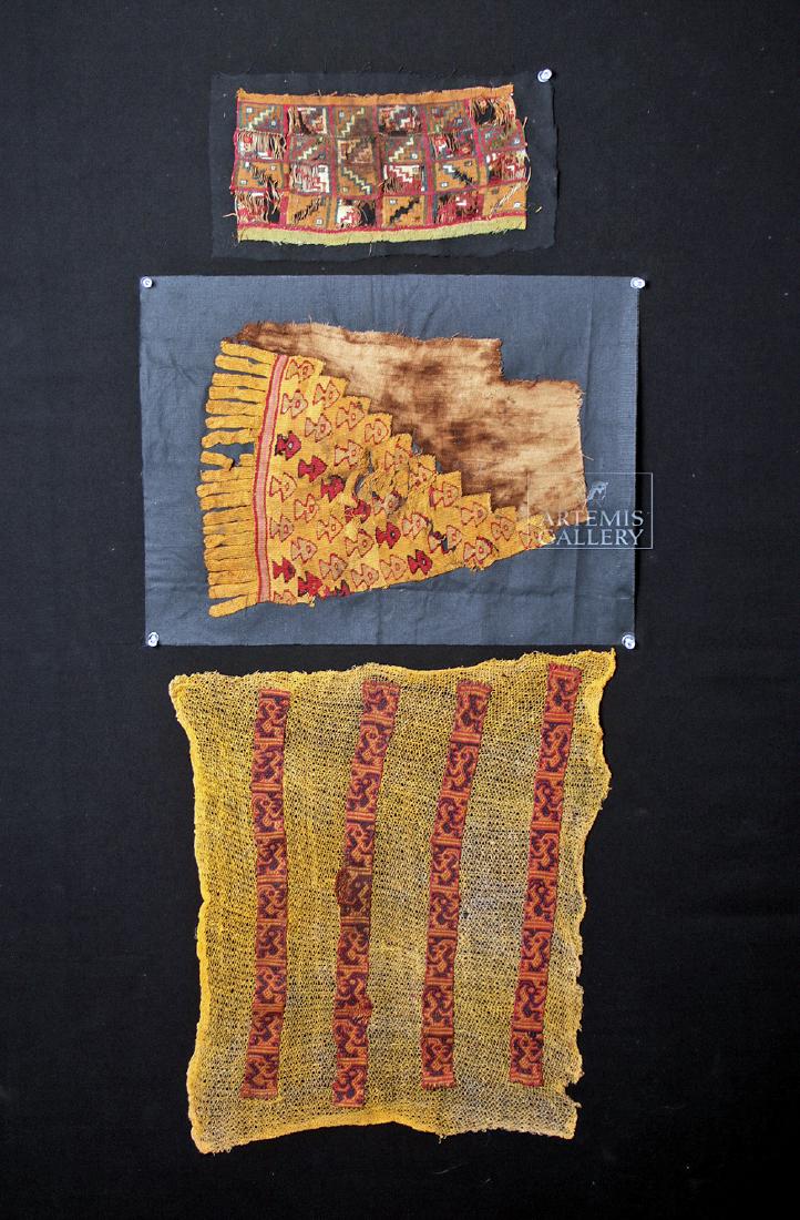 Trio of Ancient Peruvian Textile Polychrome Fragments (1 of 4)