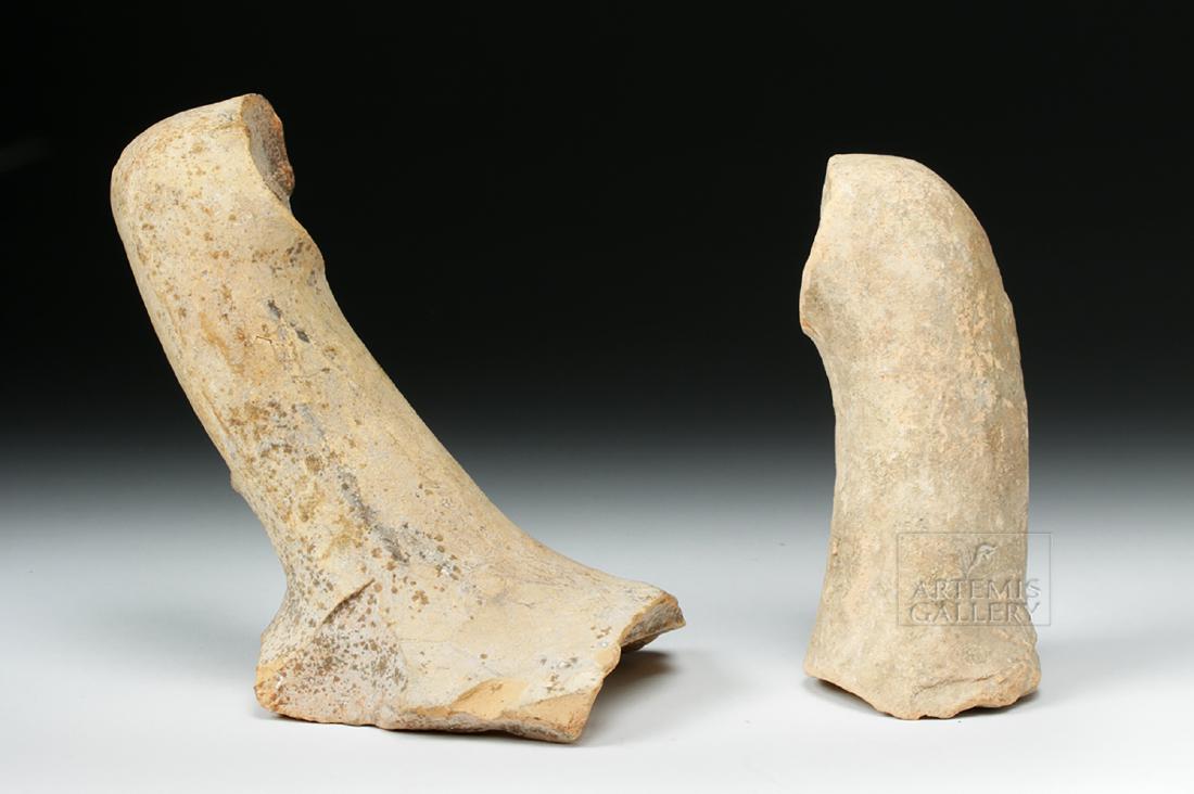 Pair of Roman Pottery Amphora Handles w/ Maker's Marks: **First Time At Auction** Roman, Republican Period, ca. middle of 2nd to middle of 1st century BCE. Two hand-made terracotta transport amphora handles from a Dressel Type I amphora, each with a stampe