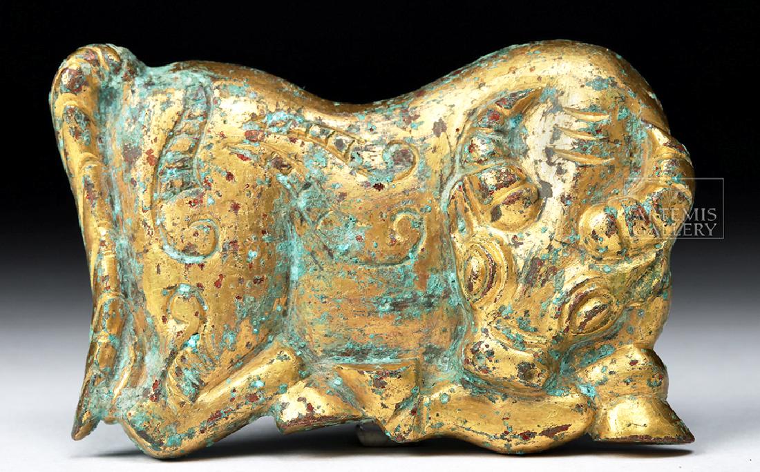Chinese Ordos Gilded Bronze Attachment - Bull (1 of 5)