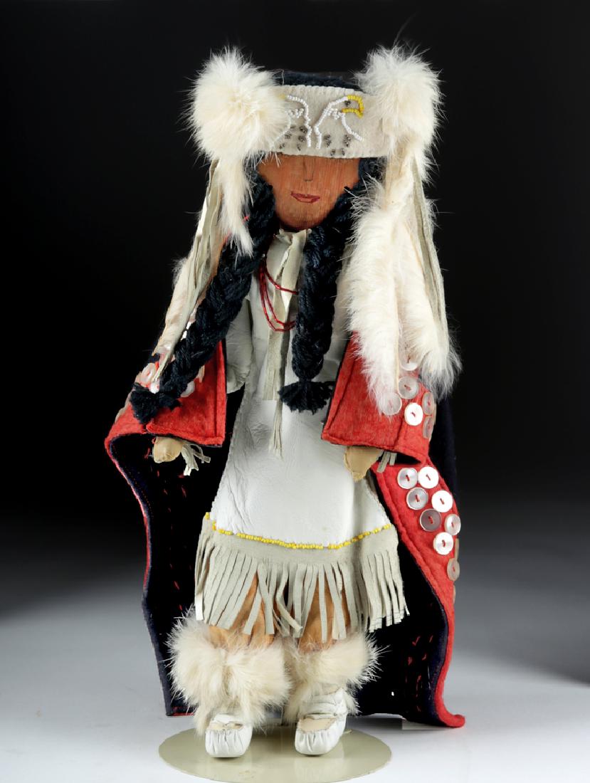 20th C. Tlingit Wood Female Doll w/ Hide, Fur (1 of 6)