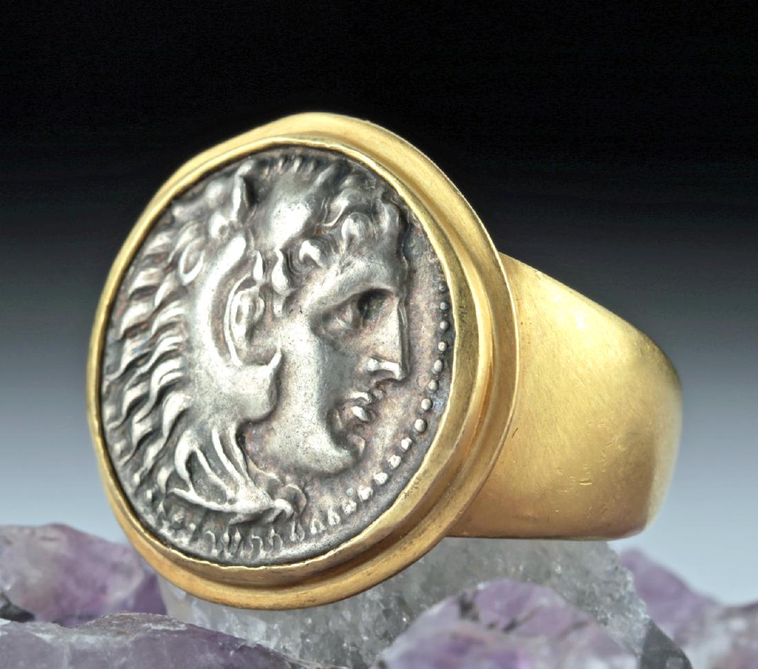 Alexander the Great Silver Drachm Coin in 18K Gold Ring (1 of 4)