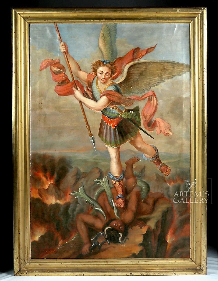 18th C. Spanish Colonial Painting Michael Slaying Demon (1 of 4)