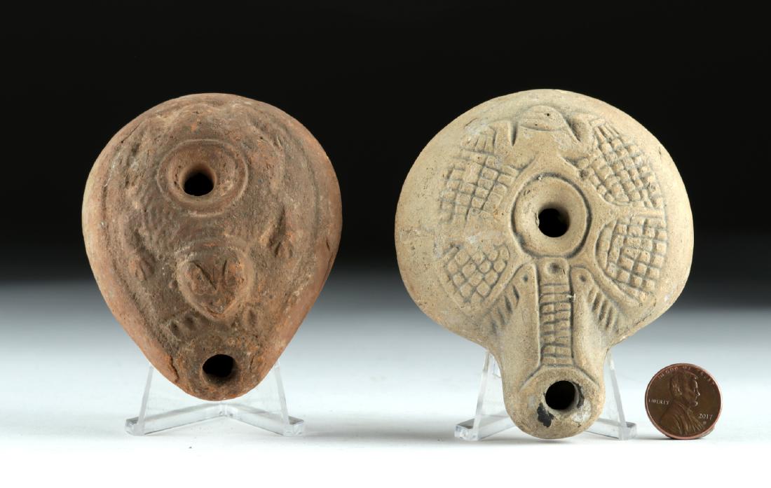 Lot of 2 Egyptian Pottery Frog Lamps, ex-Bonhams (1 of 5)