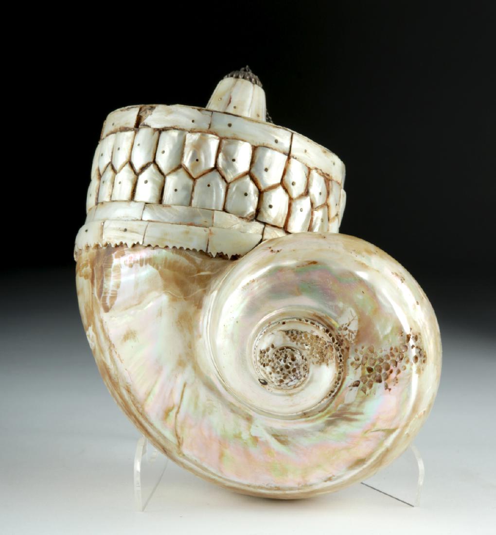 18th C. Indo-Persian Mughal Shell & Copper Powder Flask (1 of 5)