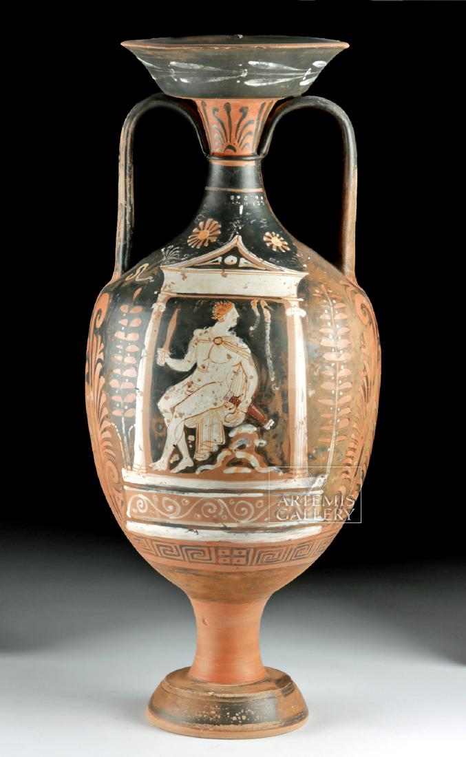 Tall Greek Apulian Amphora - Seated Warrior in Naiskos: Magna Graecia, Southern Italy, Apulian, ca. 330 to 320 BCE. An impressive red-figure amphora of a grand scale, presenting a classic form with intriguing iconography and decoration, all finely delineat