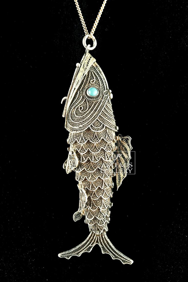 Vintage Chinese Silver Fish Necklace - Turquoise Eyes (1 of 4)