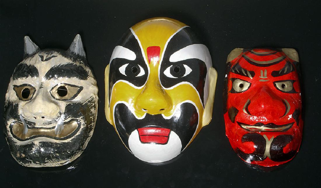 Pair of Japanese Papier Mache & One Chinese Resin Mask (1 of 5)