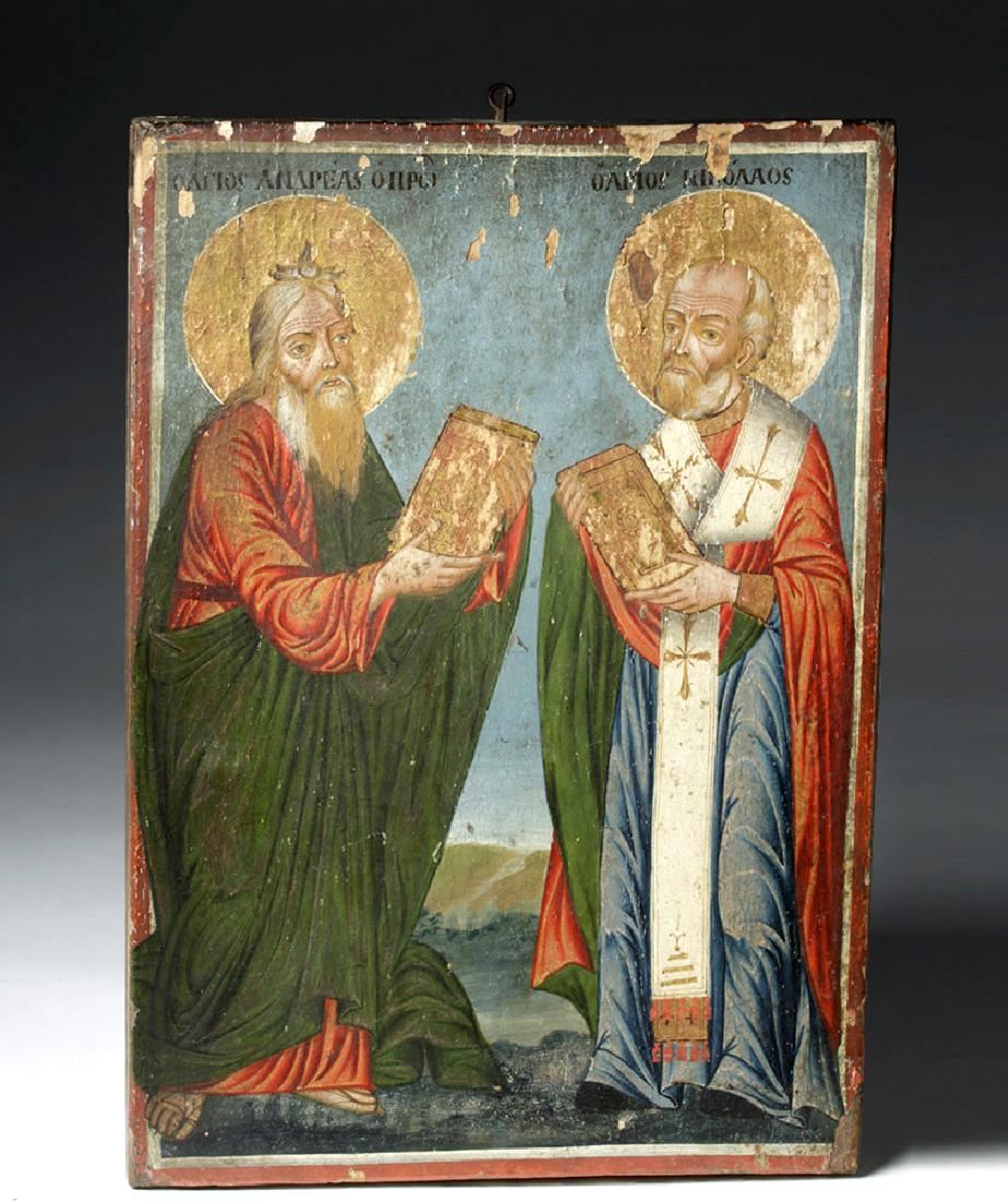 19th C. Greek Icon - Saints Andrew and Nicholas (1 of 5)