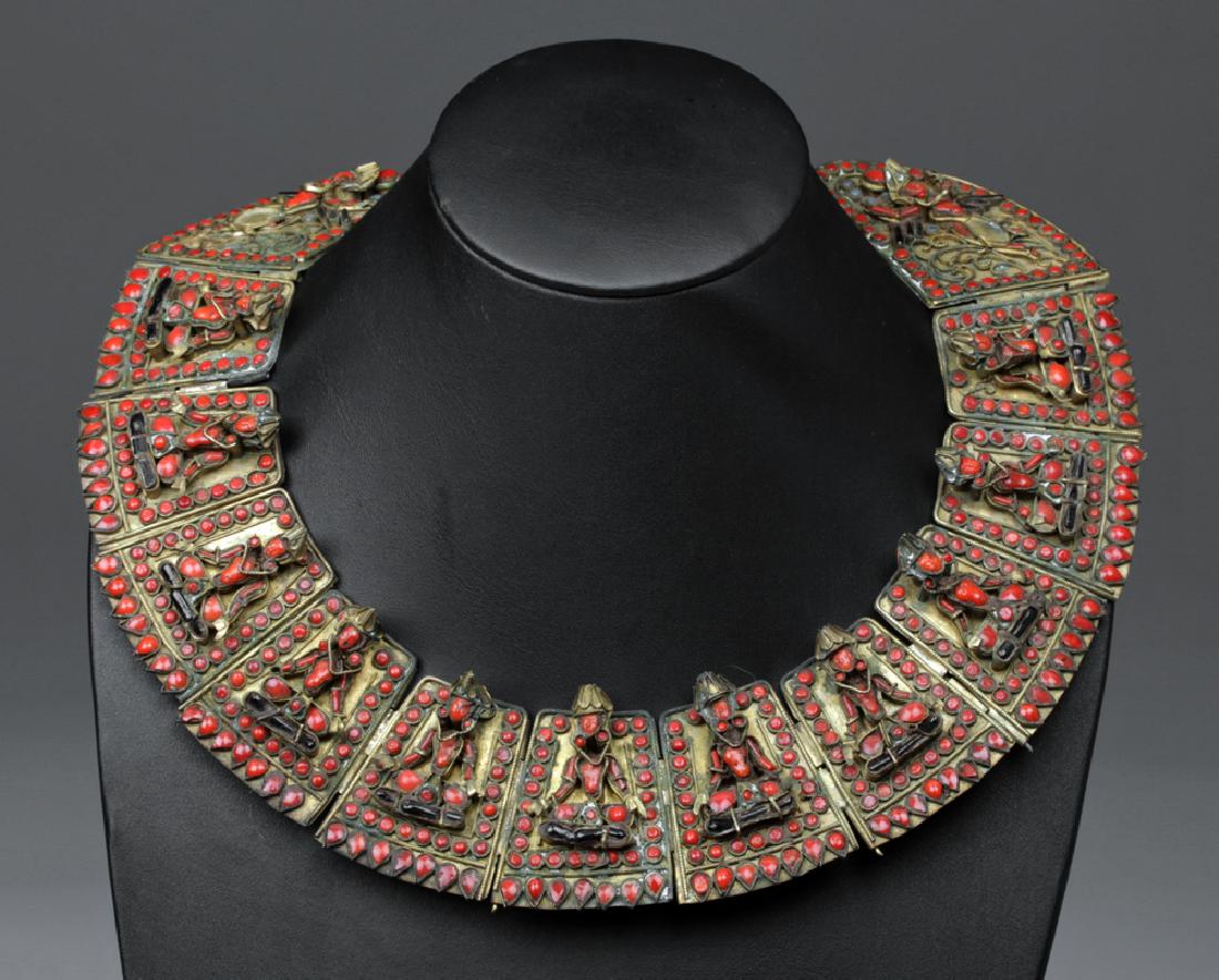 19th C. Tibetan Brass, Coral, & Glass Necklace - Buddha (1 of 7)