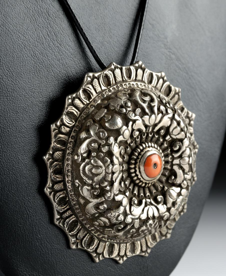 19th C. Tibetan Silver Pendant with Coral Bead - 34.7 g (1 of 3)