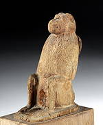 Rare Egyptian Late Period Wooden Thoth Amulet - Baboon: Egypt, Late Dynastic Period, 26th to 31st Dynasty, ca. 664 to 332 BCE. A charming, hand-carved wooden zoomorphic amulet of a baboon seated upon an integral ovoid plinth. The figure's arms rest upon be