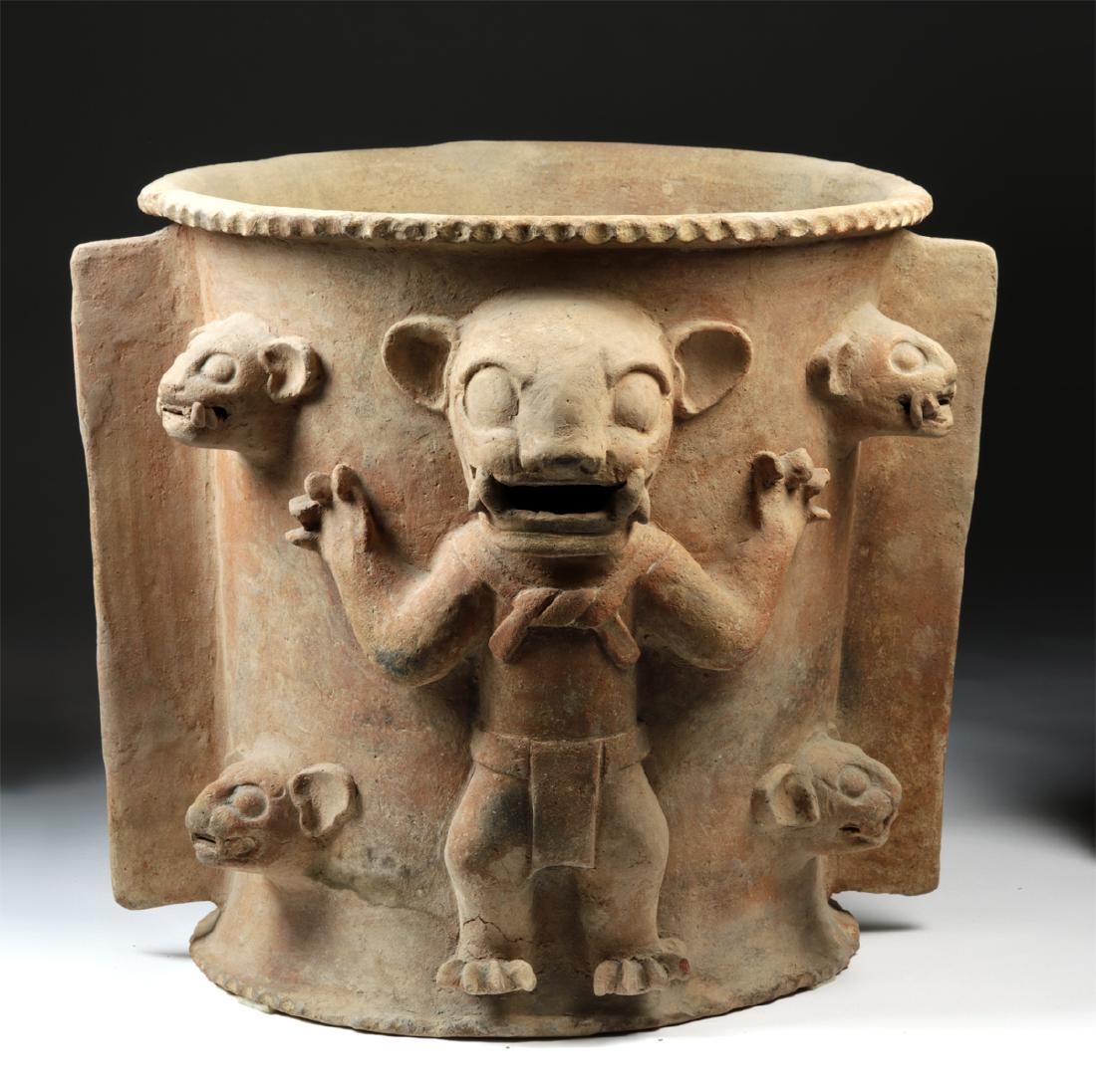 Enormous Mayan Pottery Cache Vessel w/ 5 Jaguars, TL'd