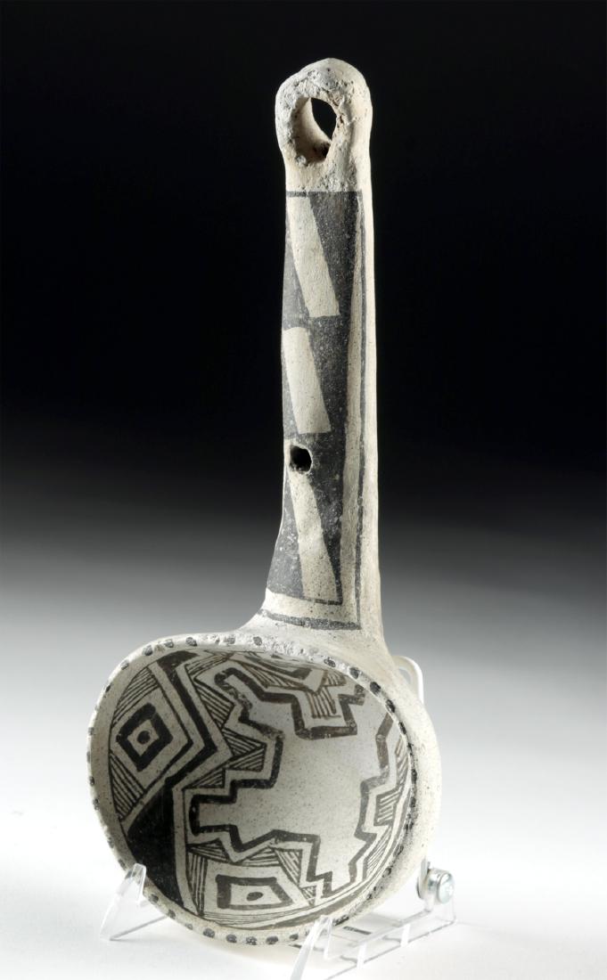 Anasazi Tularosa Pottery Black-on-White Ladle: Native American, southwest New Mexico, villages in Southern Cibola Anasazi/Northern Mogollon, Ancestral Puebloan (Anasazi) culture, ca. 1150 to 1300 CE. A lovely, hand-built pottery ladle which has be