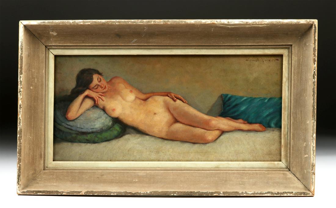 Framed Early 20th C. American Painting of Female Nude: **First Time At Auction** Kenneth Foster/Forester (American, early 20th century), untitled reclining nude, oil on board, ca. 1910 to 1920. Signed in red on upper right. A lovely painting of a reclinin