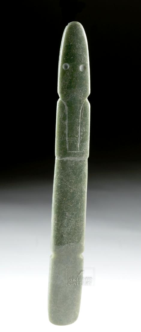 Large Costa Rican Serpentine Celt - Reptilian Form: Pre-Columbian, Central America, Costa Rica, Guanacaste-Nicoya region, ca. 250 to 800 CE. A finely-carved celt made from green serpentine with a slender rectangular form and a pair of biconically-drill