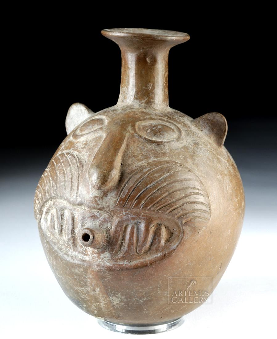 Inca Pottery Aryballos / Paccha - Jaguar: Pre-Columbian, North Central Peru, Inca, ca. 1470 to 1523 CE. A wonderful redware ritual watering vessel known as a paccha in the Quechua language - with a near-spherical body and a flared spout, the