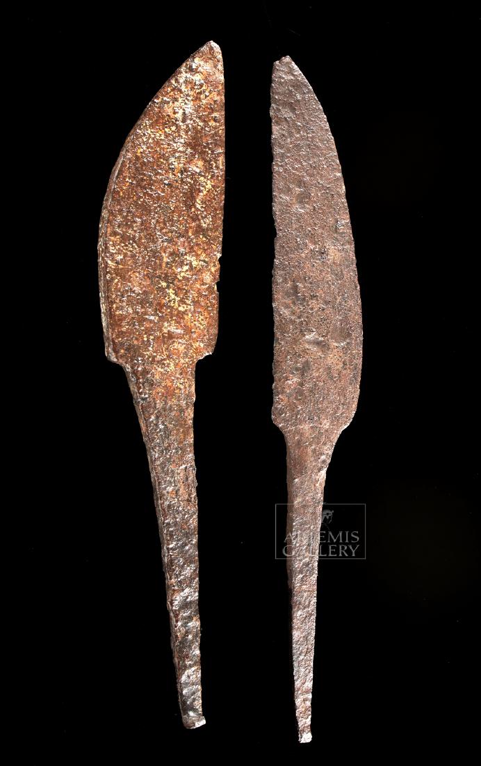 Lot of 2 Celtic La Tene Iron Knife Blades: **Originally Listed At $200** Ancient Central / Northern Europe, Celtic Iron Age, La Tene (sometimes called Celtic) culture, ca. 500 BCE to 1 BCE. A wonderful pair of hand-forged iron knife blades, ea