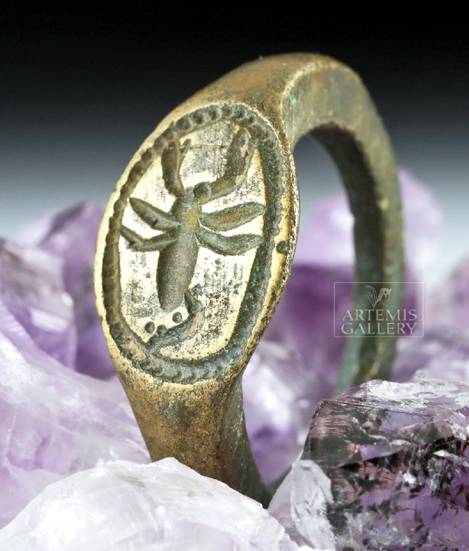 Sassanian Brass Scorpion Signet Ring: **Originally Listed At $275** Ancient Near East / Central Asia, Sassanian (Sasanian / Sassanid), middle Sassanian Empire, ca. 400 to 500 CE. A fine cast-brass ring with a thick band, rounded shoulders