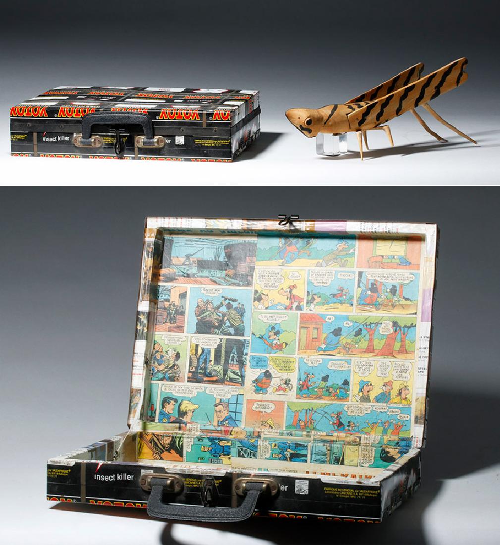 Pop Art Briefcase + Huge Mexican Wooden Grasshopper: **Originally Listed At $100** Grasshopper: Latin America, Mexico, Oaxaca, ca. mid 20th century CE. Briefcase: Africa, possibly Senegal, mid 20th century CE. An enormous wooden grasshopper with separat