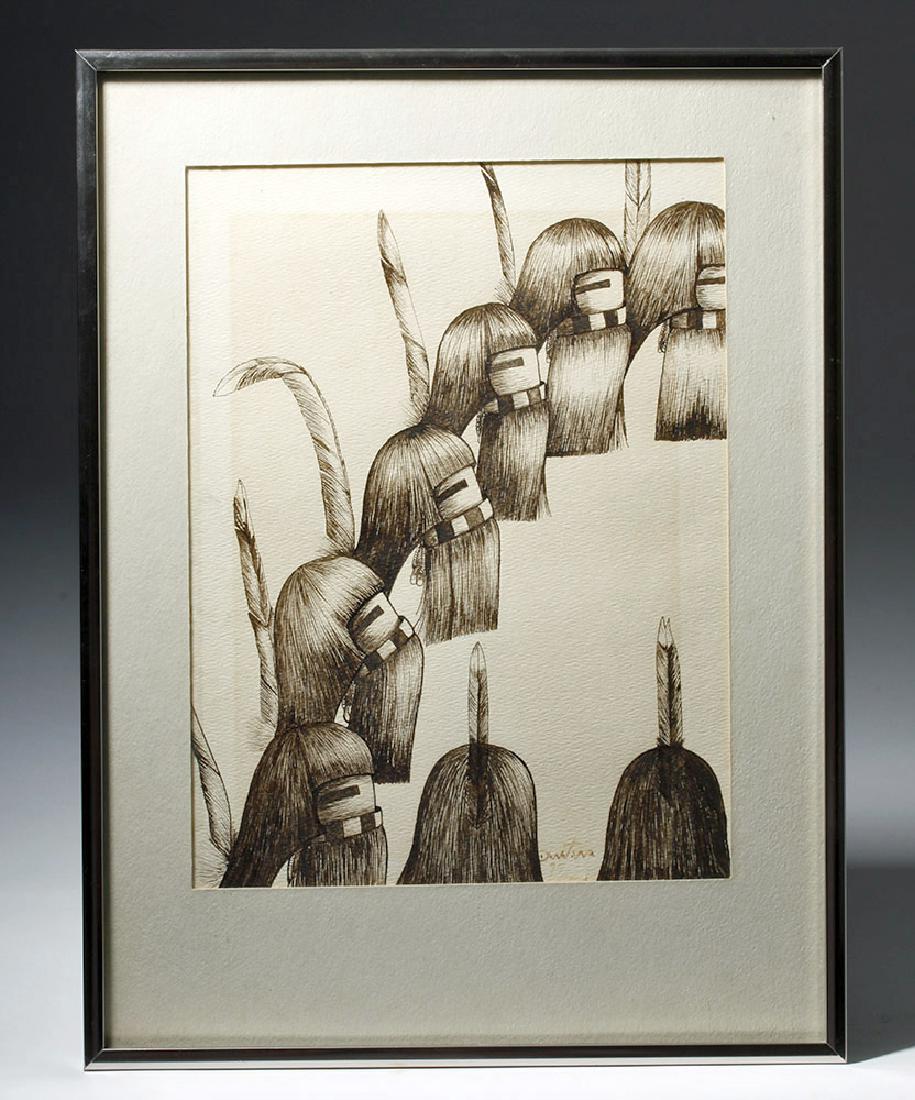 20th C. Hopi "Long Haired Dancers" Pen and Ink Drawing (1 of 6)