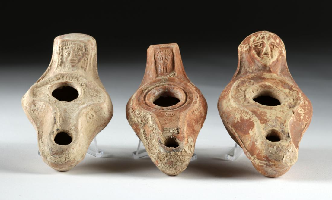 Lot of 3 Holy Land Pottery Oil Lamps w/ Face Handles (1 of 5)