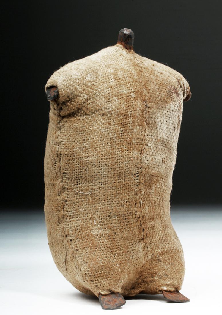 20th C. African Kirdi Textile / Iron Fetish Figure: **Originally Listed At $200** Africa, Cameroon, Kirdi or Fali People, ca. mid 20th century CE. Rare and quite wonderful doll or fetish. Burlap textile body tightly filled with unknown material, small