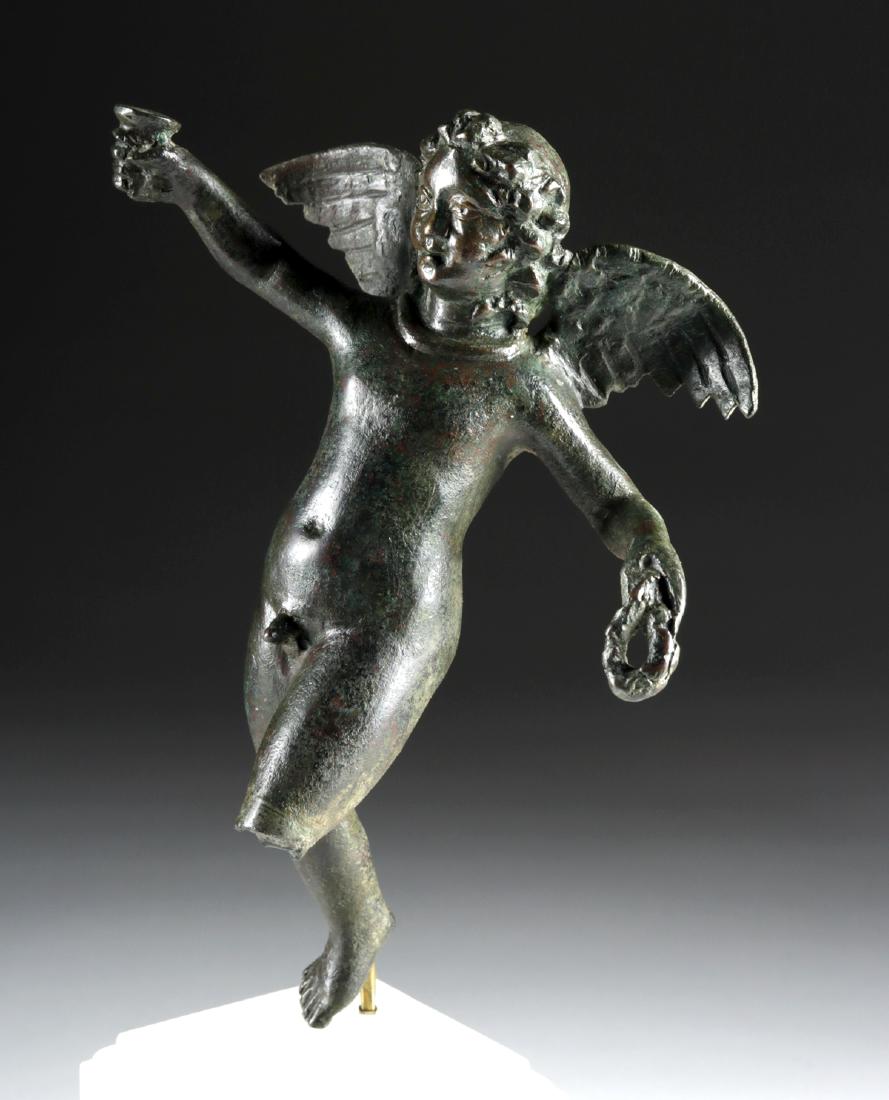 Large Roman Bronze Cupid in Motion Holding Wreath & Cup
